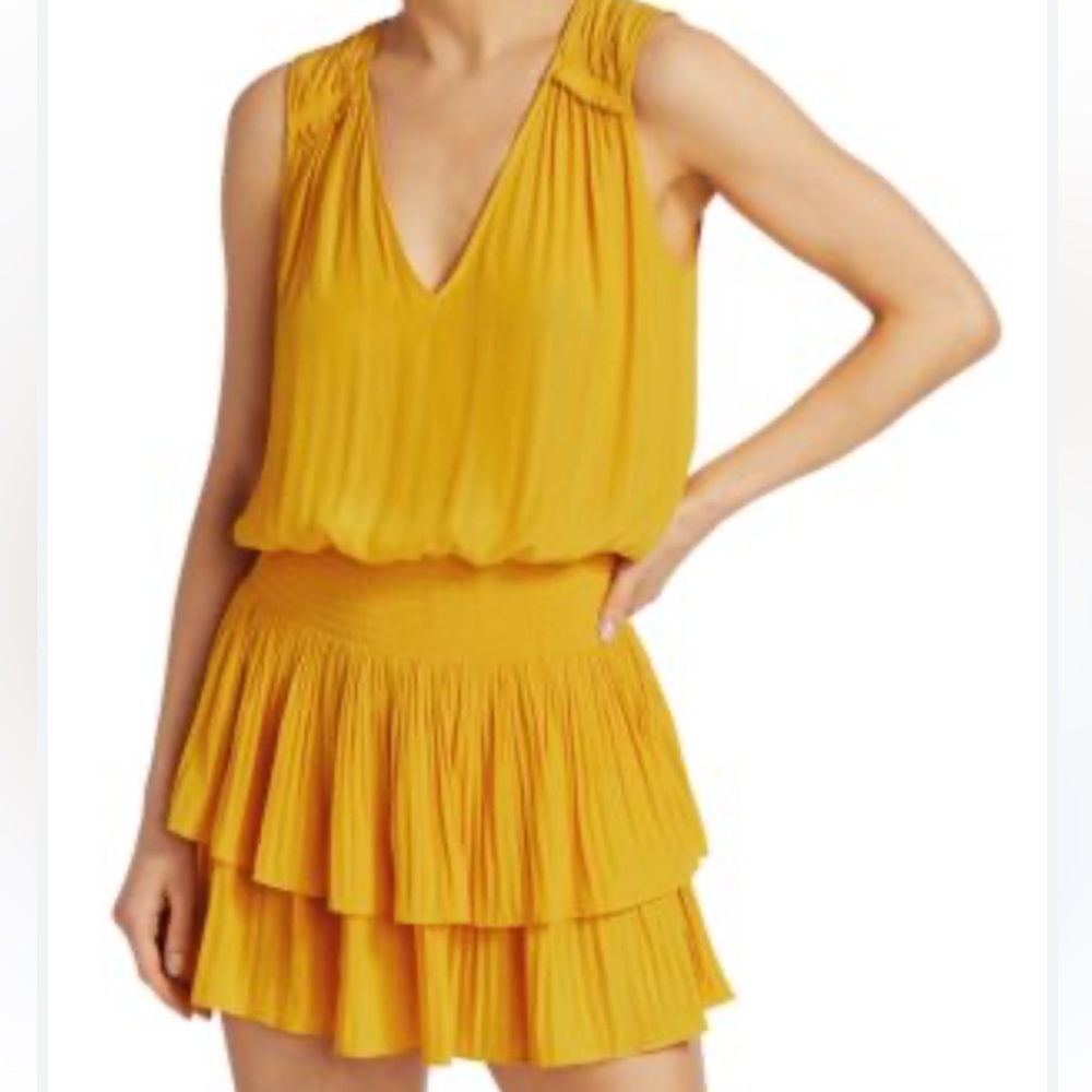 Rami Brook Perry Caitlin Tiered Mini Dress Designer Textured Yellow Saks 5th NWT